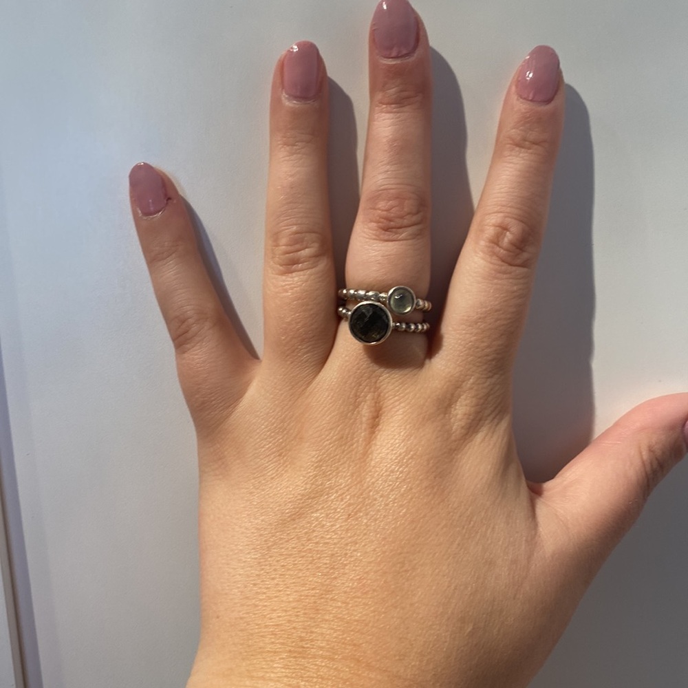 Pandora Silver Rings - set of two, rope band, black & clear/yellow